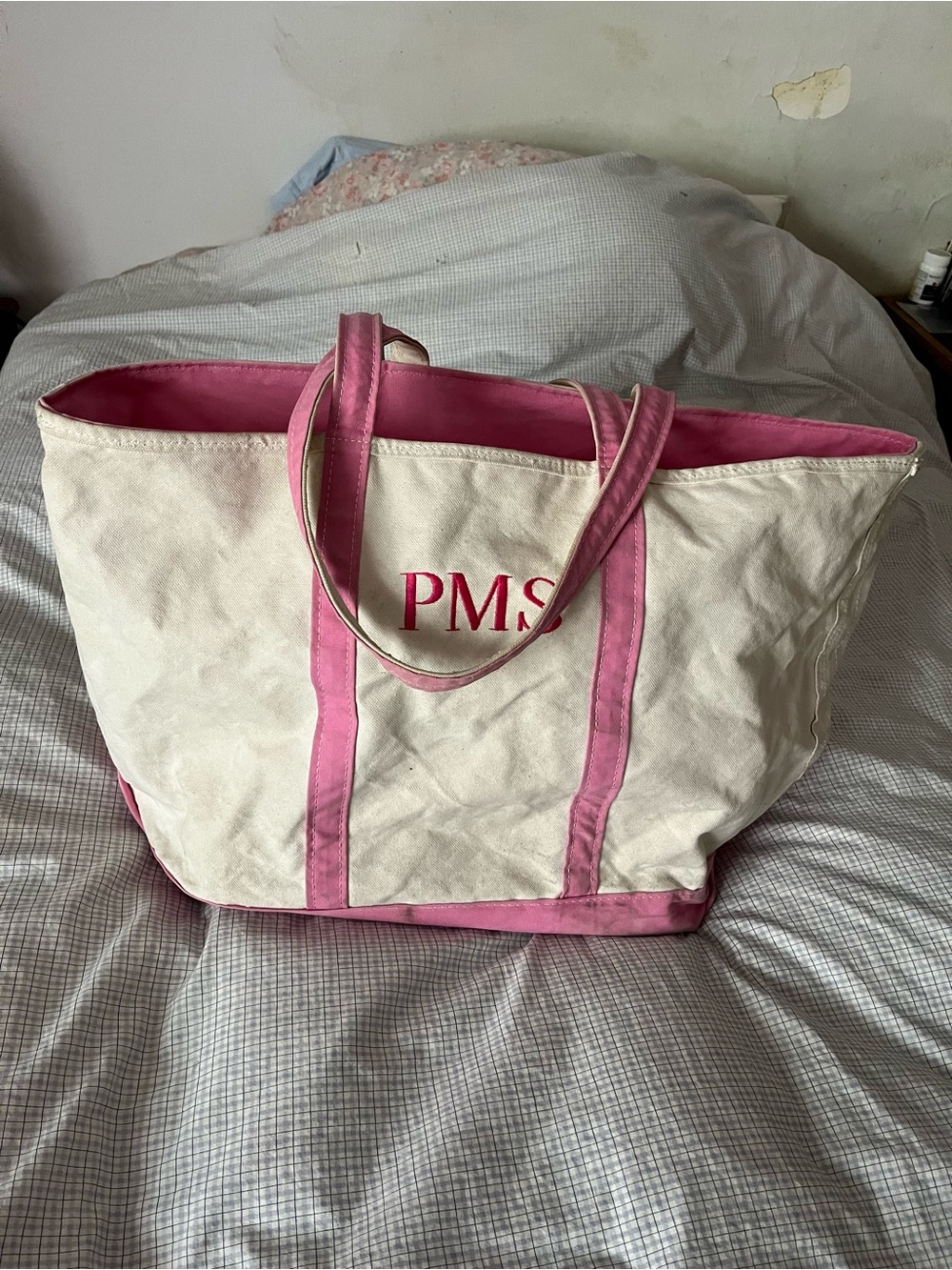 Lands end vintage Canvas Tote Bag with Pink Trim - Personalized PMS Monogram